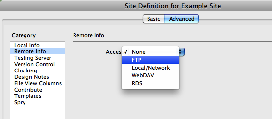 Click Advanced, Remote Info and select FTP