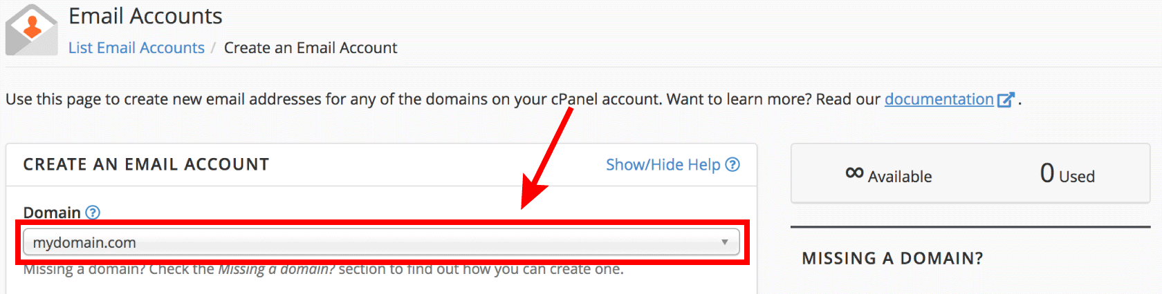 Select domain used for creating an email account in cPanel
