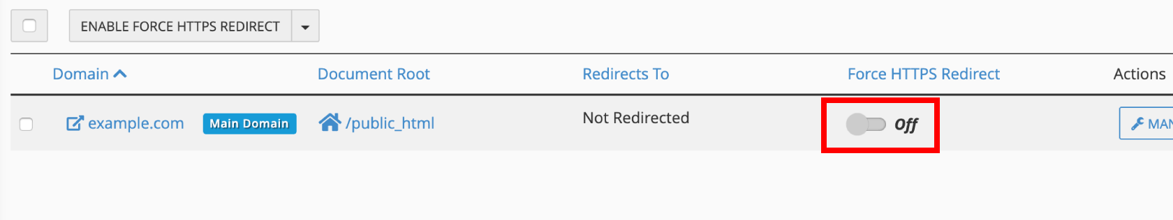 Enable Force HTTPS Redirect in cPanel