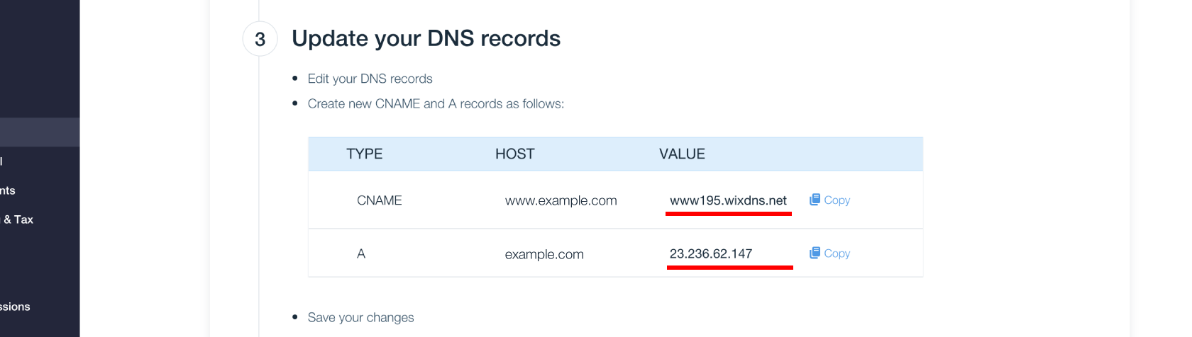 Wix DNS pointing records IP and CNAME
